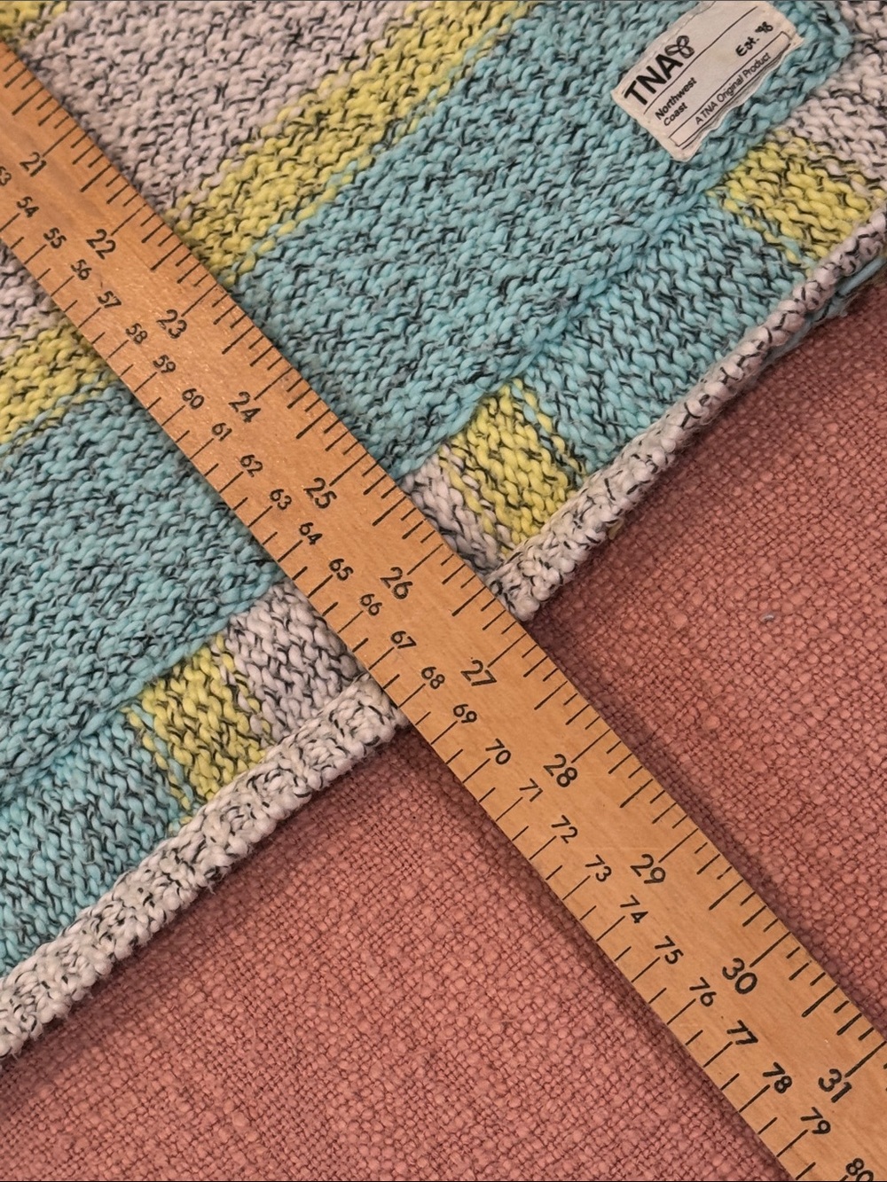 Large wm’s soft and cozy Hooded Striped Baja Sweater - Teal, Gray, Yellow - Picture 10 of 15